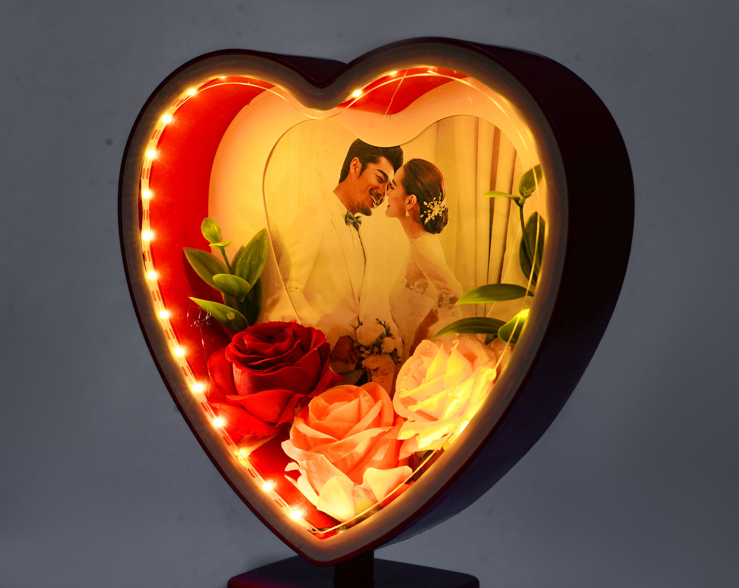Heart Shaped LED Glow Photo Frame with Flowers – Personalized Romantic Gift